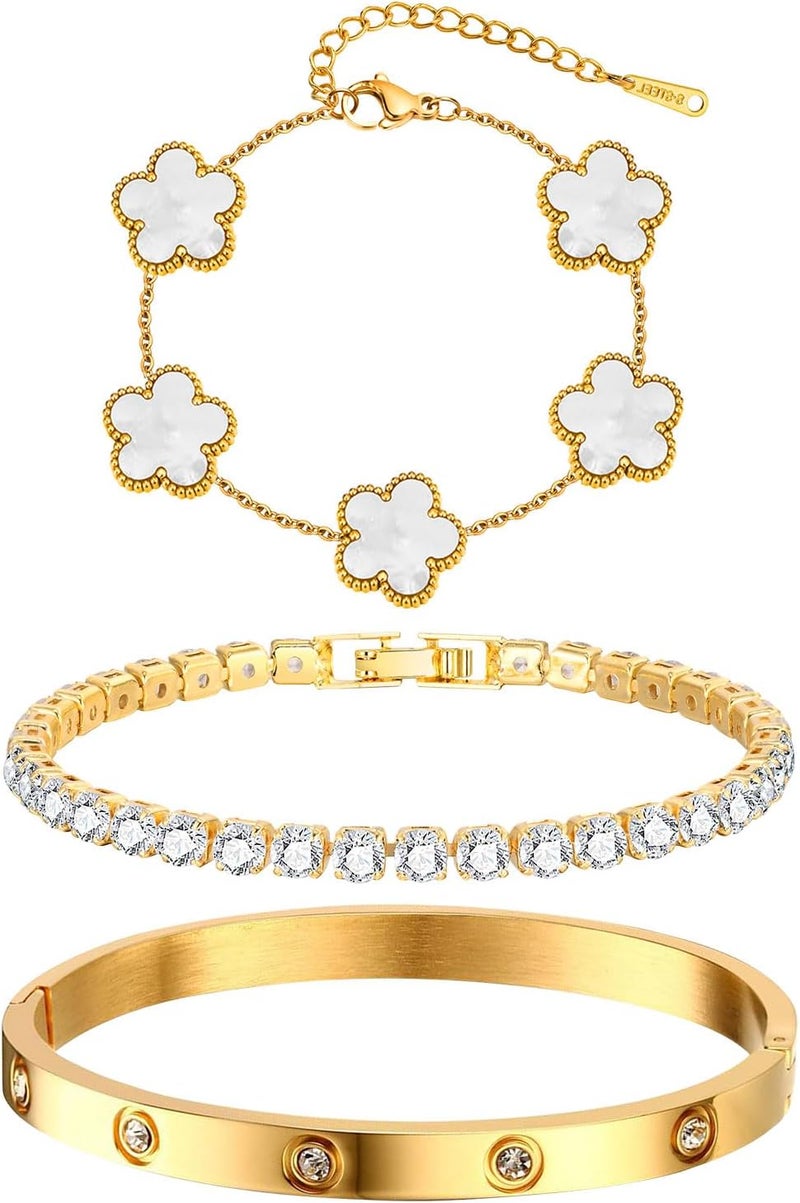 MPRAINBOW Womens Stackable Floral Gold Bracelets - 3Pcs 18K Gold Plated Bracelet,Stainless Steel Bangle Bracelets Non Tarnish, Gold Bracelet Set Trendy Jewelry,Christmas Valentines Birthday Gifts for Girlfriend - Image 1